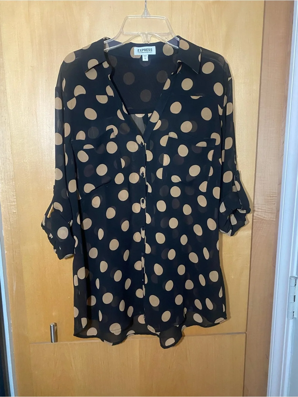 Express 2013 The Portofino Shirt Black Beige Polka Dot Button Up Blouse L